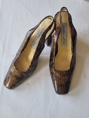 Bellini Brown Croc-Embossed Slingback Heels Size 9.5